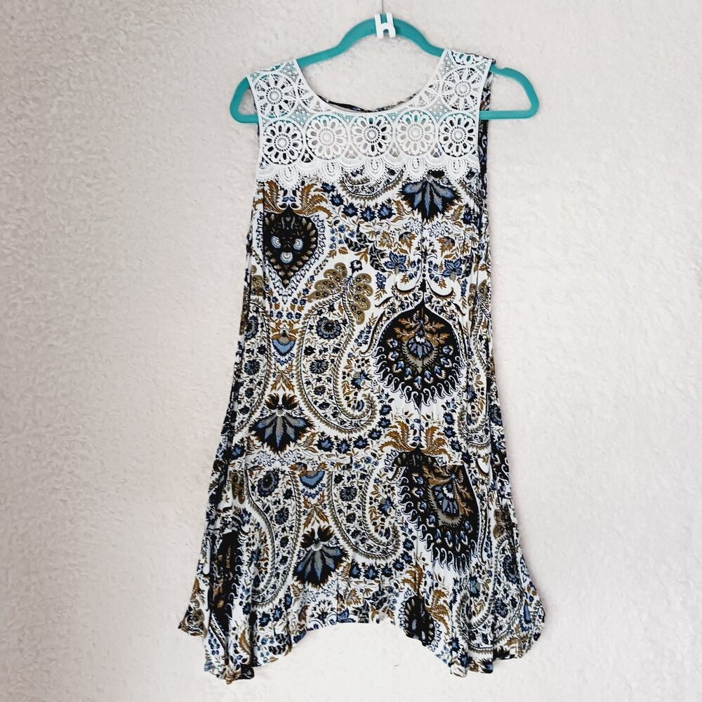 Dress Sundress Fit Flare Paisley Lace Back Tie Hi Lo Hem Blue Black Leshop Sz L